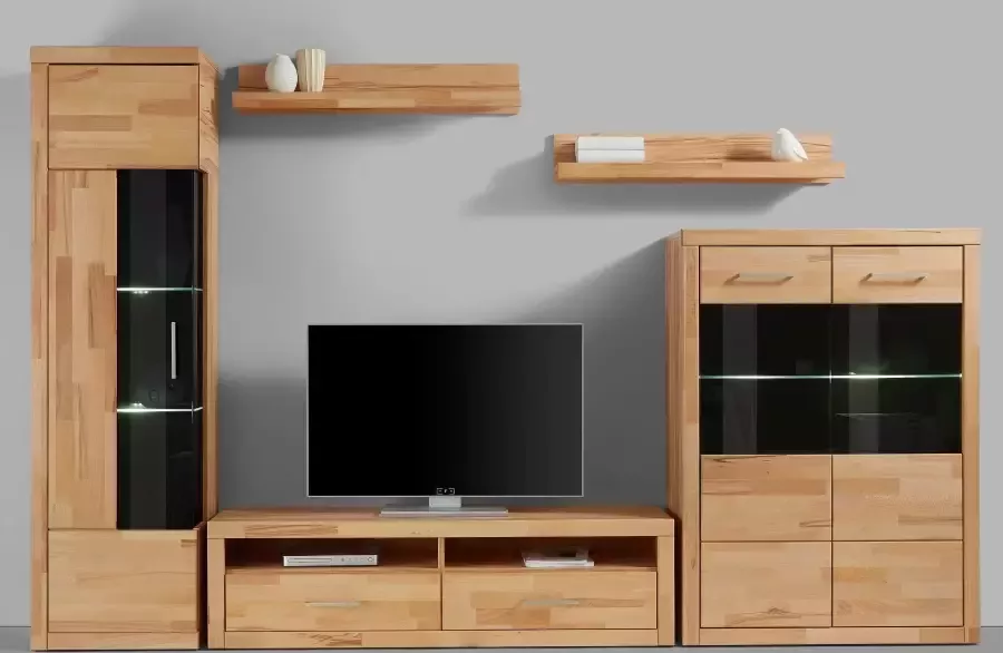 Home affaire Wandmeubel Ribe Set-5 st. Massieve bovenplaten veel opbergruimte Glazen inzet van gehard glas planken gedeeltelijk verstelbaar (set 5-delig) - Foto 5