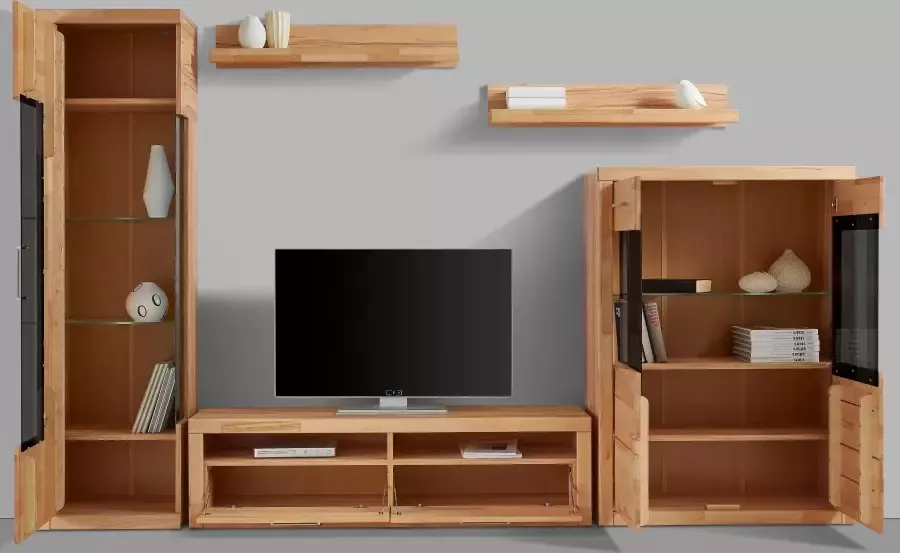 Home affaire Wandmeubel Ribe Set-5 st. Massieve bovenplaten veel opbergruimte Glazen inzet van gehard glas planken gedeeltelijk verstelbaar (set 5-delig) - Foto 7