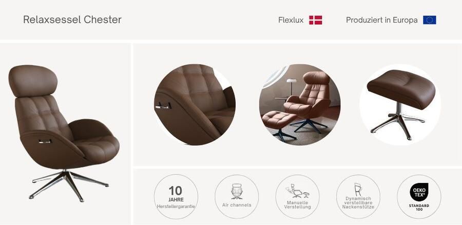 FLEXLUX Relaxfauteuil Chester relaxfauteuil premium comfort Scandi draaibaar Premium comfort rug- en hoofdeindeverstelling draaibaar voet zwart - Foto 5