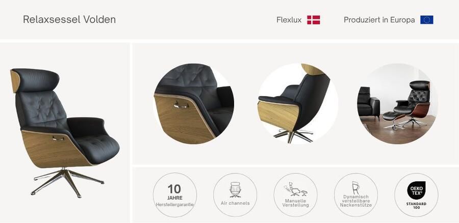 FLEXLUX Relaxfauteuil Volden TV-fauteuil verstelbare rug- & hoofdsteun draaibaar Rug- en hoofdeindeverstelling draaibaar voet zwart armleuning walnoot - Foto 5
