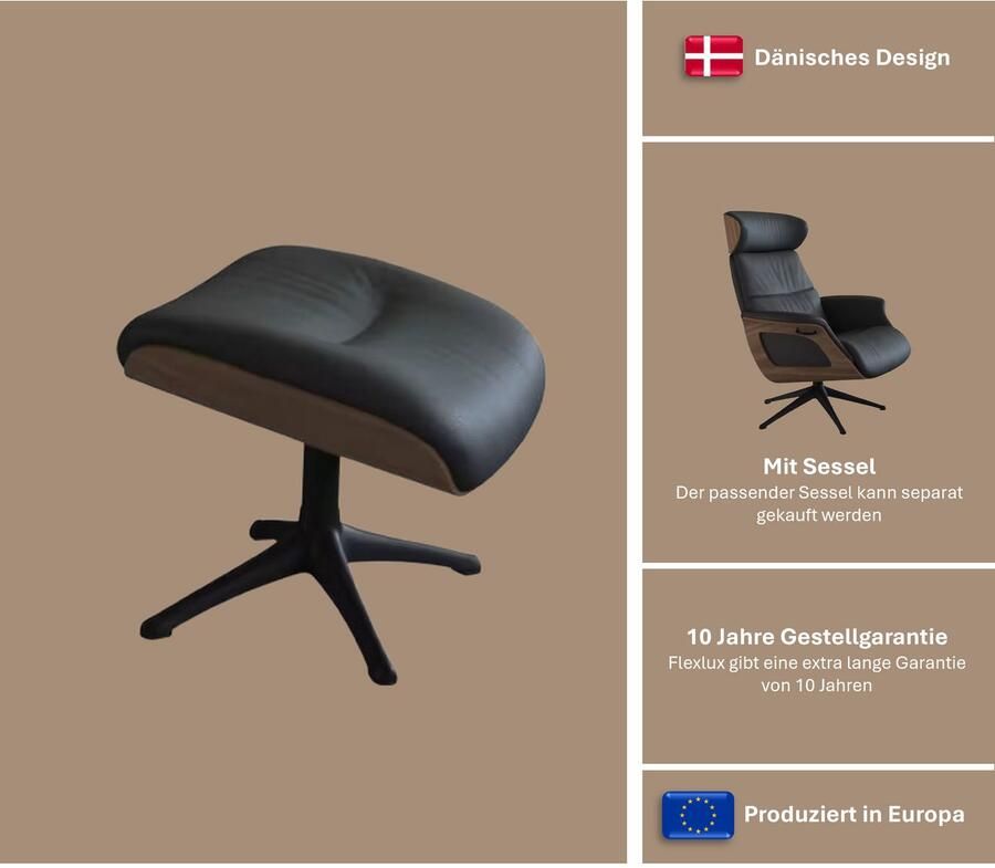 FLEXLUX Voetenbankje Clement Beensteun. Uitstekend Comfort Robuuste zwarte voet voor beensteun voor een betere ontspanning walnotenhoud zwarte voet - Foto 2