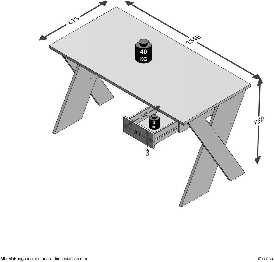 FMD EMOB Bureau Nano 135 cm met X-poten Kantoor outlet Wit; Grijs Spaanplaat Kantoor outlet Op voorraad