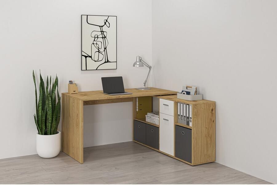 FMD Bureau d'Angle Modulable avec Caisson Tiroir et Étagères de Rangements Lex - Foto 12