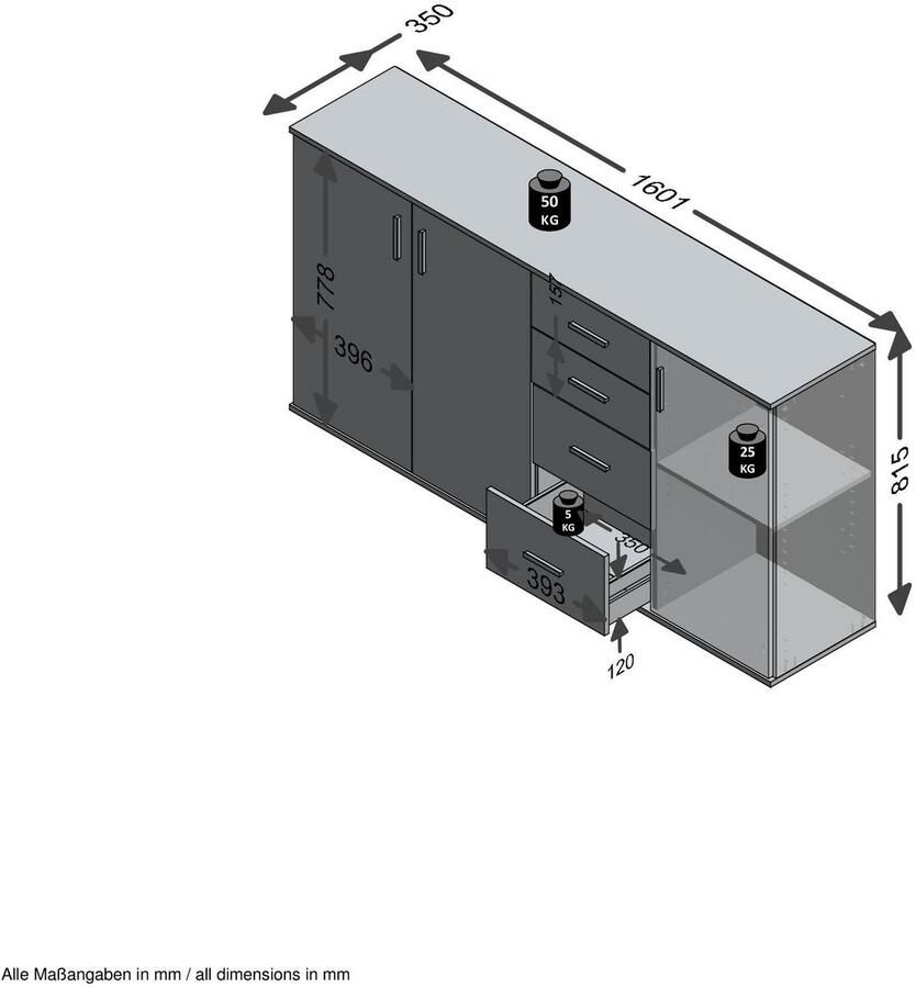 FMD Buffet 3 portes et 4 tiroirs L160 cm Béton et Blanc Albi