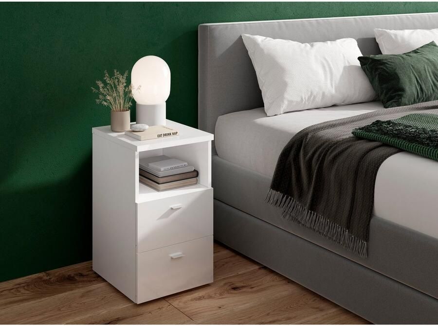 FMD Nachtkastje met 2 lades en schap hoogglans wit - Foto 4