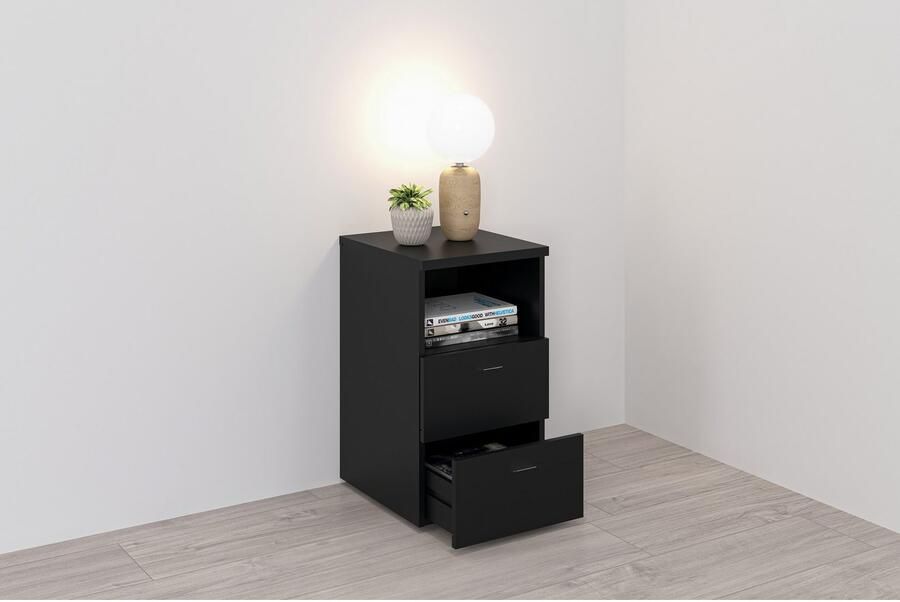 FMD Prolenta Premium Nachtkastje met 2 lades en open schap zwart - Foto 7