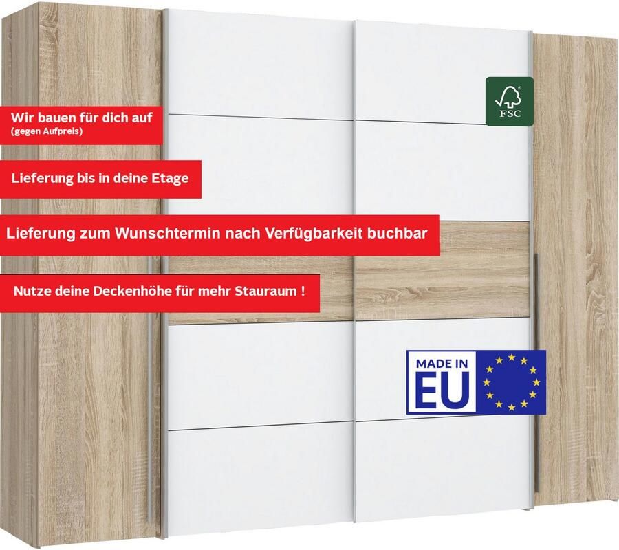 Merkloos NARAGO kledingkast Sonoma eiken en mat wit decor 2 schuifdeuren + 2 draaideuren L270 x D61 x H210 cm - Foto 4