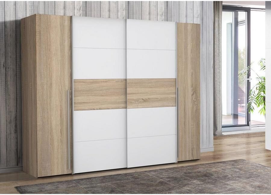 Merkloos NARAGO kledingkast Sonoma eiken en mat wit decor 2 schuifdeuren + 2 draaideuren L270 x D61 x H210 cm - Foto 8