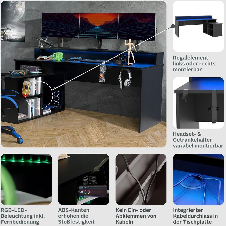 FORTE Gamingtafel Tezaur Hoekbureau met RGB-verlichting tower kan links of rechts worden gemonteerd