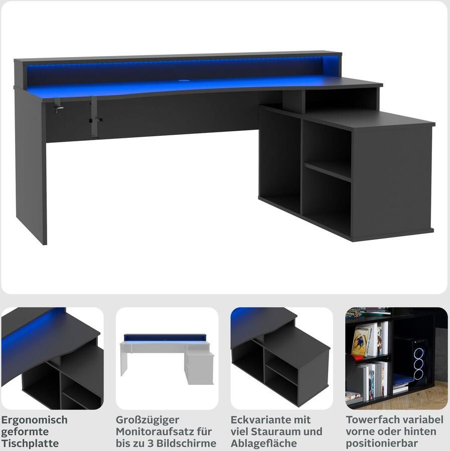 FORTE Gamingtafel Tezaur Hoekbureau met RGB-verlichting tower kan links of rechts worden gemonteerd - Foto 2