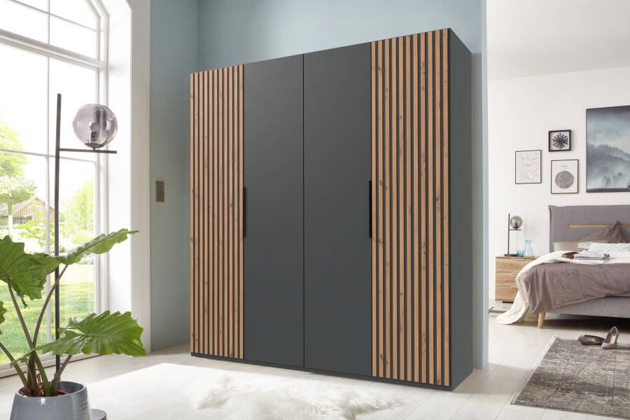 Woonexpress Kledingkast Bakel Spaanplaat Zwart 200x216x58 cm (BxHxD) Draaideurkast Deur met 3D verticale houtlook lamellen - Foto 8