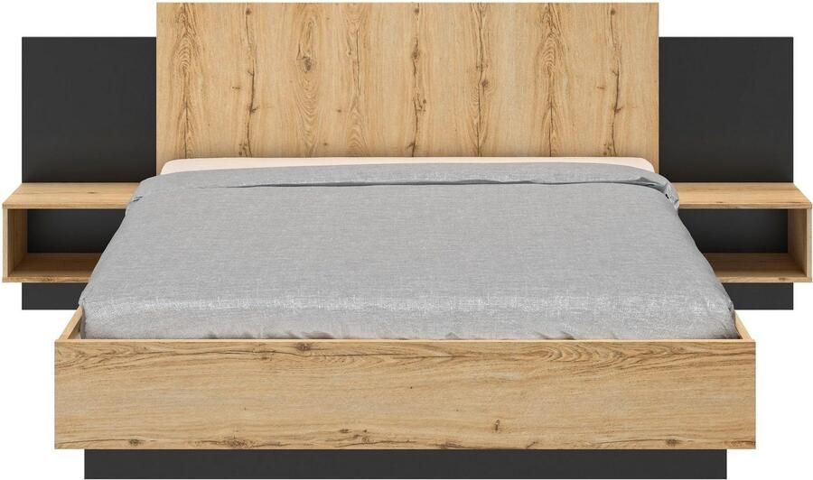 Gami EMOB Bed Marzano 160x200cm met twee nachttafeltjes helvezia eik Gautier Slaapkamer outlet Bruin; Zwart Spaanplaat Slaapkamer outlet Tweepersoons Normaal bed Op voorraad - Foto 4