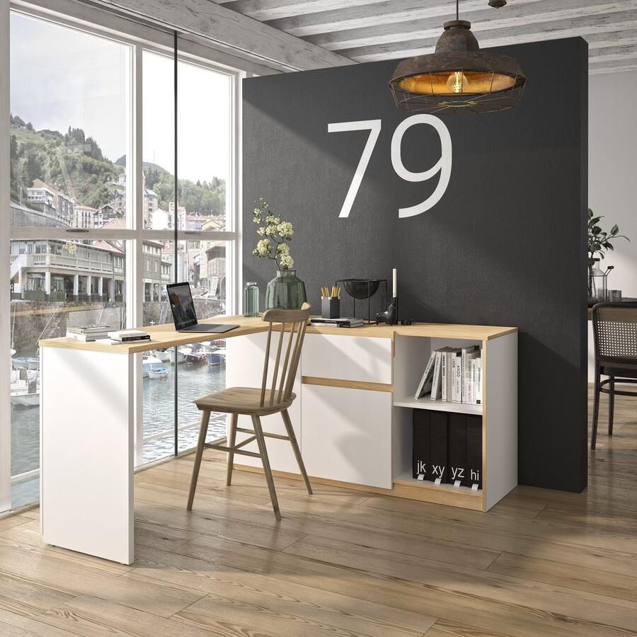 Diagone EMOB Uitschuifbaar hoekbureau Gibral 155x136cm wit eik decor Gautier Hoekbureaus Wit; Bruin Spaanplaat Hoekbureaus Op voorraad - Foto 3