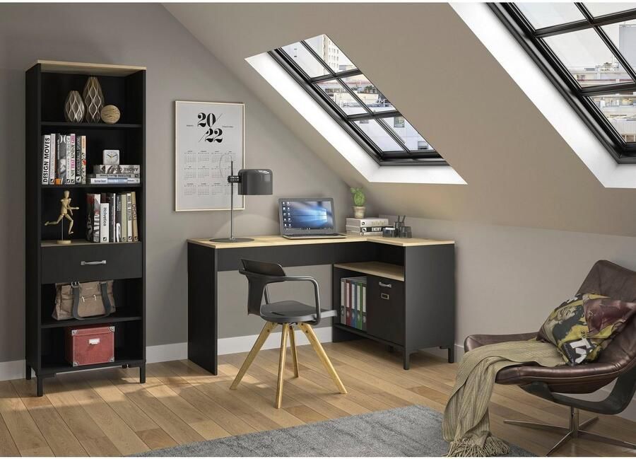 Diagone EMOB Hoekbureau Manchester 136 x 88 x 73 cm Helvezia Oak-design Gautier Hoekbureaus Antraciet MDF Hoekbureaus Op voorraad