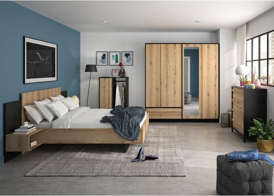 Gami EMOB Bed Marzano 160x200cm met twee nachttafeltjes helvezia eik Gautier Slaapkamer outlet Bruin; Zwart Spaanplaat Slaapkamer outlet Tweepersoons Normaal bed Op voorraad - Foto 3