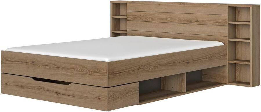 Gami EMOB Tweepersoonsbed met laden en opbergruimte Lucian 140 x 200 cm Helvezia Oak-design Gautier Bedden met lades Bruin MDF Bedden met lades Tweepersoons Normaal bed Op voorraad - Foto 5