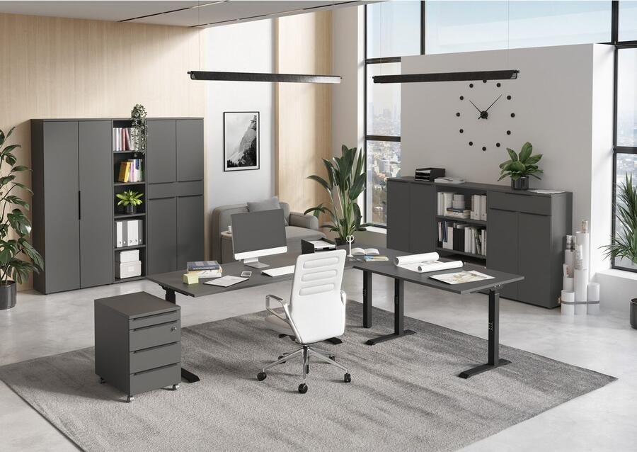 Germania Bureau en ladekast met slot Hermoso 217x80x72-118cm elektrisch verstelbaar Grafiet Bureautafels Antraciet Metaal; Spaanplaat - Foto 6