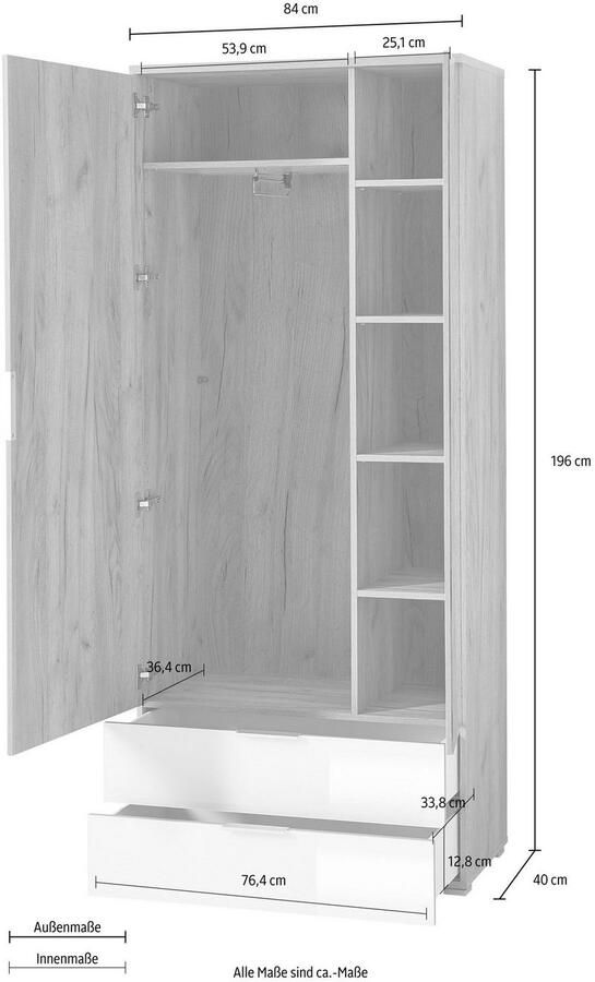 Germania Garderobekast Tille 84cm met 2 deuren & 2 lades wit eik - Foto 4