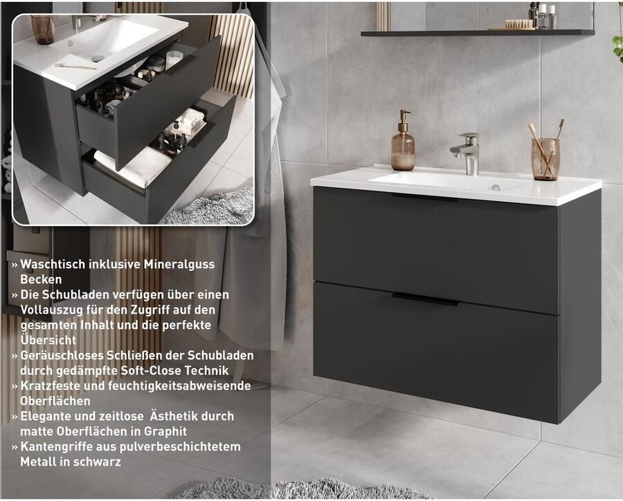 GERMANIA Wastafelonderkast Crandon inclusief mineralgietbekken in wit of zwart met 2 lades