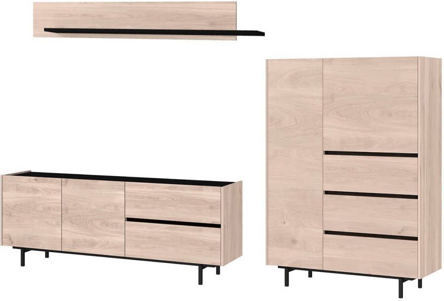 GERMANIA Woonkamerset Cantoria met hoge ladekast wandboard tv-meubel greeploos design (set 3 stuks)