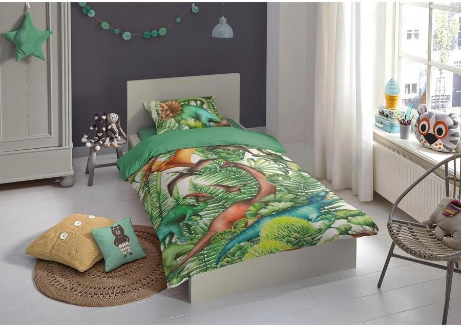 Good morning Kinderovertrekset Prehistoric Katoen 135x200 Rits Omkeerbaar Kind Jongens Dinosaurus Groen (2-delig) - Foto 2