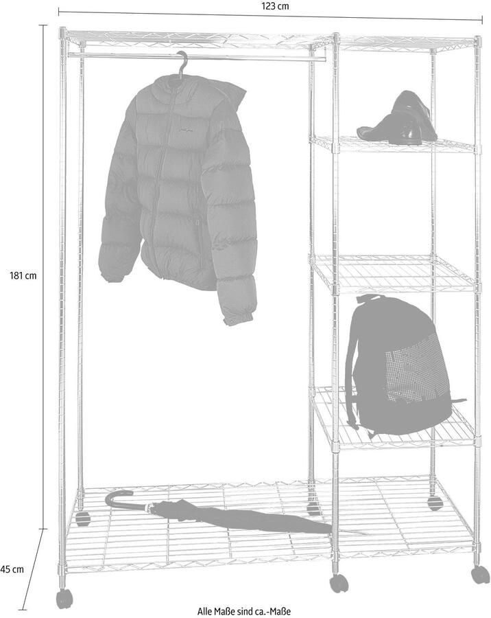 Haku Kledingtrolley 123 x 45 x 181 cm Verchroomd staal Zilverkleurig