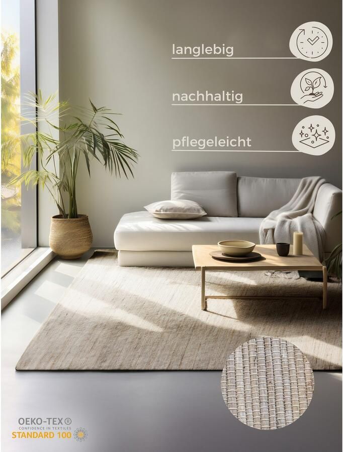 HANSE Home Vloerkleed Dhaka jute tapijt Loper handgeweven jute wol natuur woonkamer hal klassiek - Foto 2