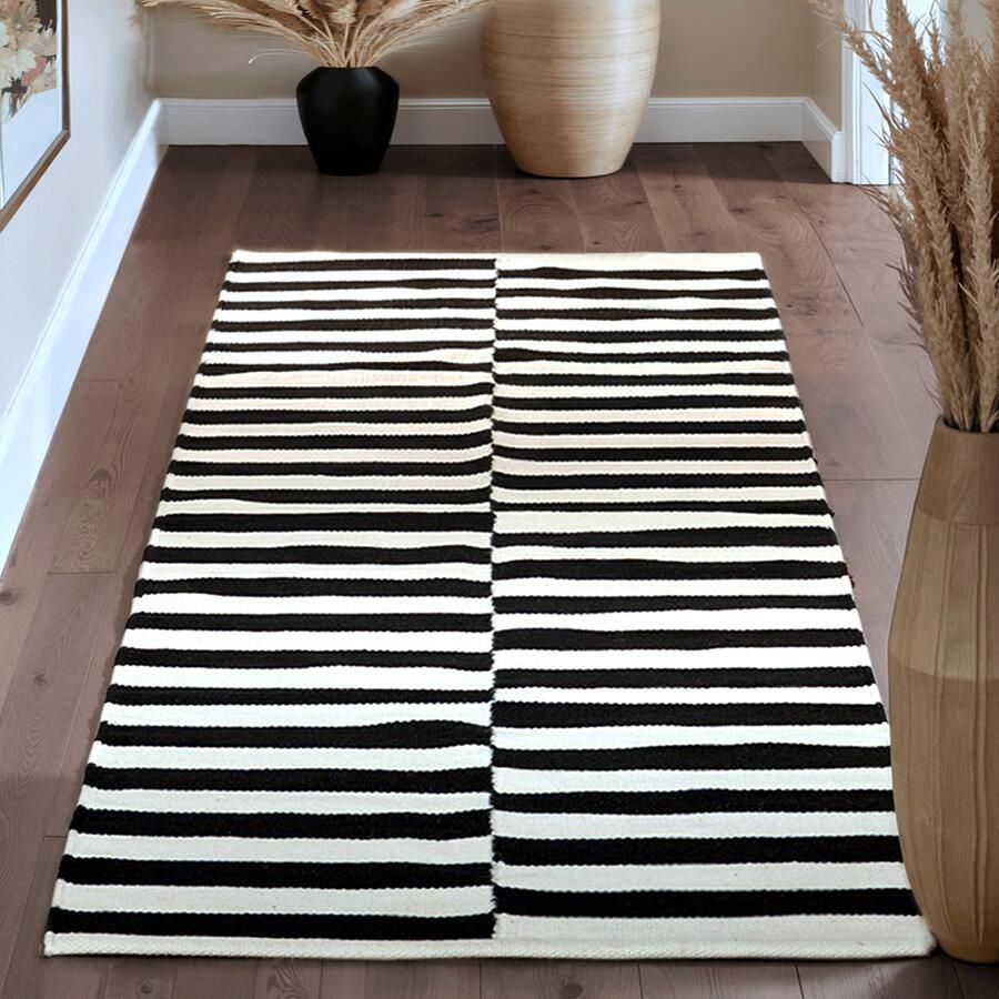 HANSE Home Wollen kleed Donna zwart-wit handgeweven wol natuur loper woonkamer slaapkamer strepen - Foto 7