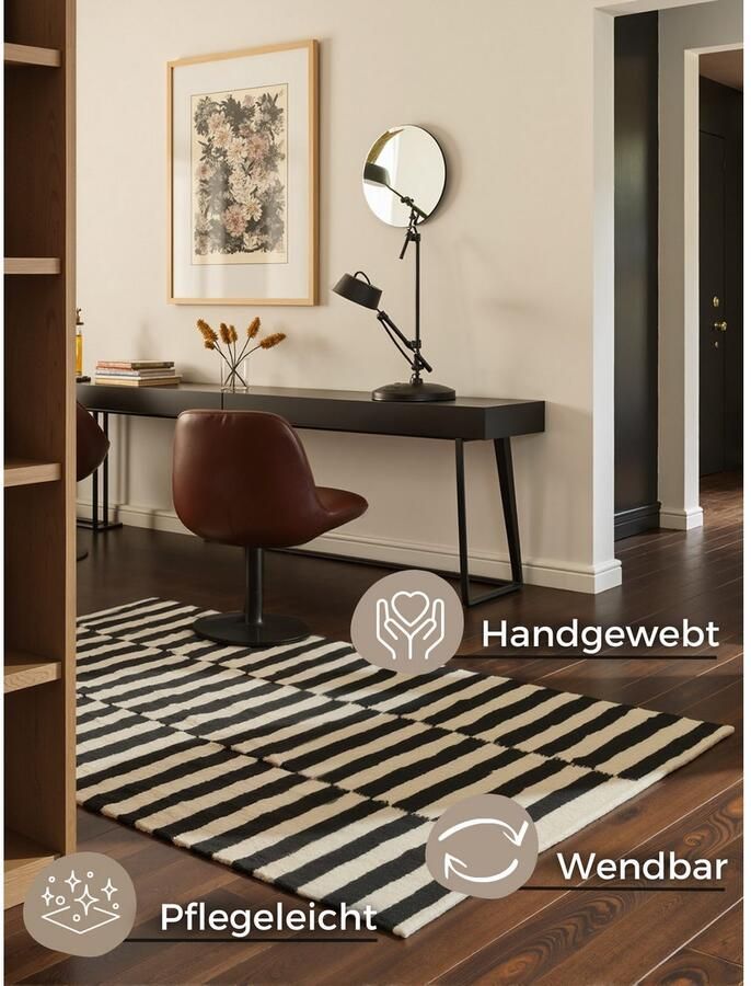 HANSE Home Wollen kleed Donna zwart-wit handgeweven wol natuur loper woonkamer slaapkamer strepen