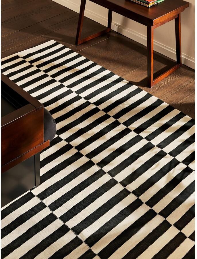 HANSE Home Wollen kleed Donna zwart-wit handgeweven wol natuur loper woonkamer slaapkamer strepen - Foto 2