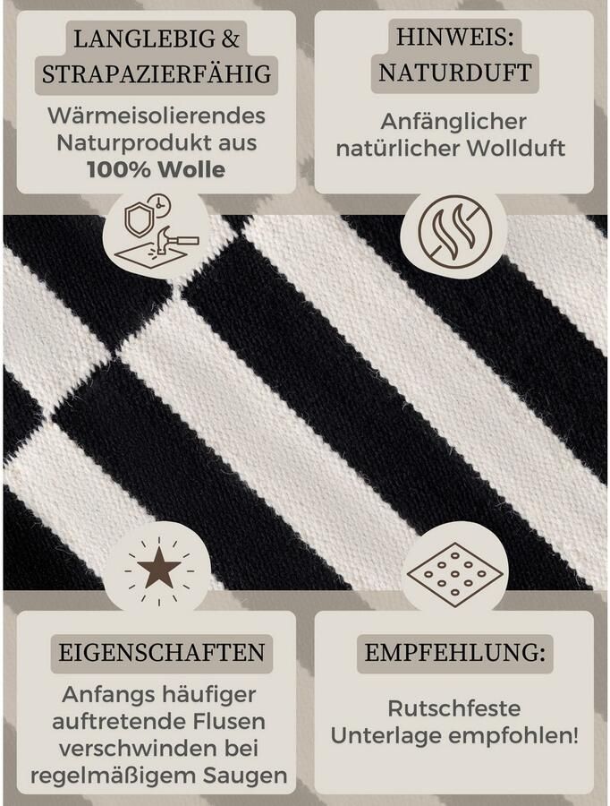 HANSE Home Wollen kleed Donna zwart-wit handgeweven wol natuur loper woonkamer slaapkamer strepen - Foto 3