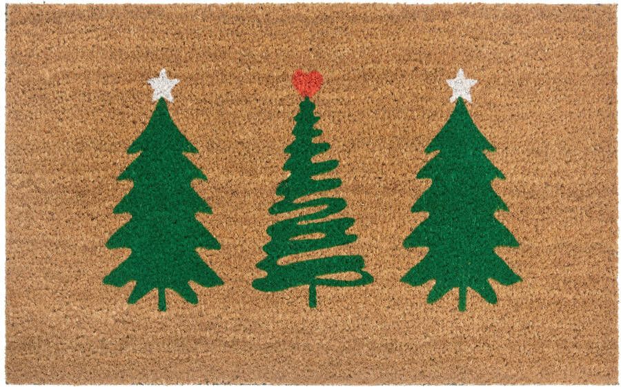 Hanse Home Kokos Deurmat Kerst voor Binnen Vuilvanger Mat Naturel Kokos Mat Kerstbomen Groen Antislip Deurmat voor Hal Entree 45x75cm
