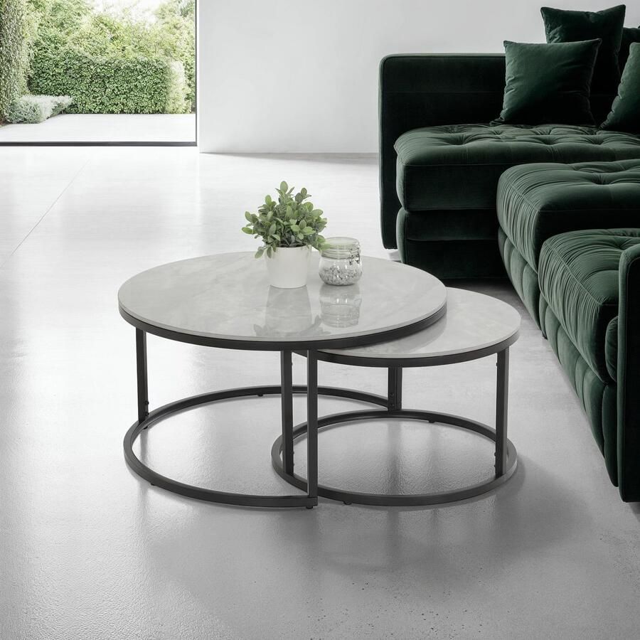 HELA Bijpassend tafeltje LUIS Bestseller salontafel rond 2-delige set 12mm sintersteen marmerlook boho salontafel (set 2 stuks)