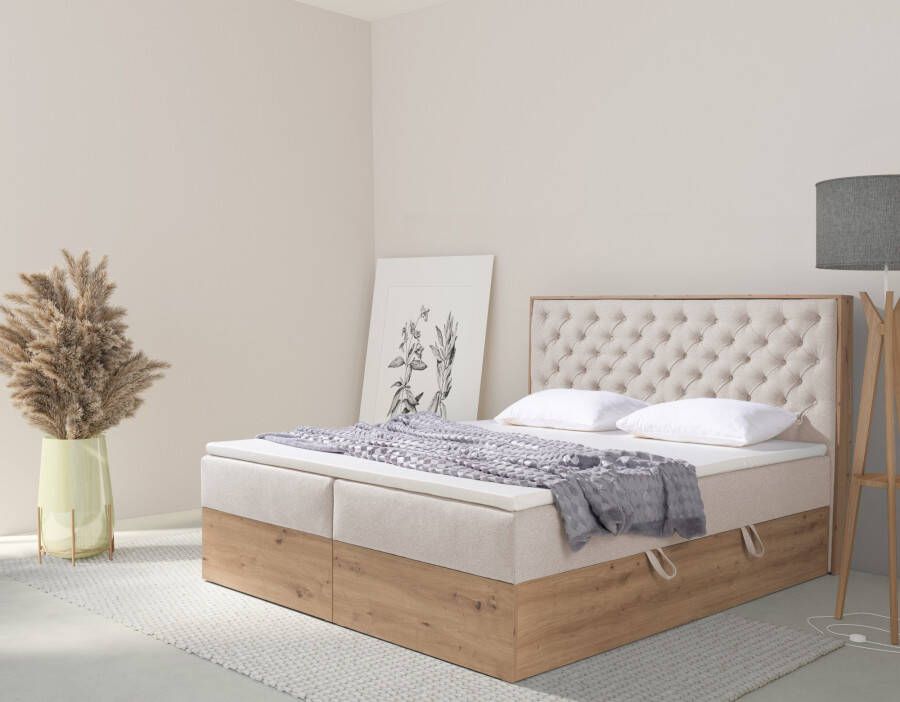 Home affaire Gestoffeerd bed Flero met houtdecor en mooie capitonnage in het hoofdbord (4-delig)