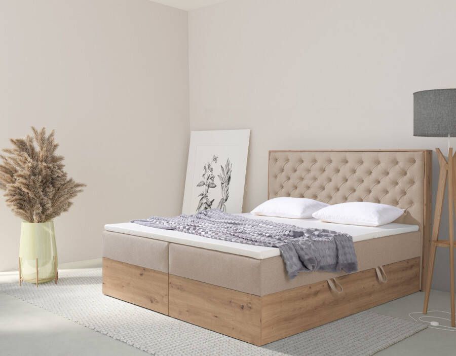 Home affaire Gestoffeerd bed Flero met houtdecor en mooie capitonnage in het hoofdbord (4-delig)