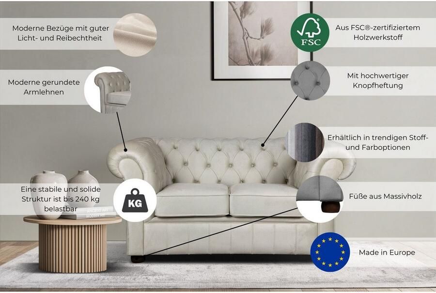 Home affaire 2-zitsbank CHARENTE Chesterfield bank golfvering afmetingen: B D H: 147 89 74 cm - Foto 3