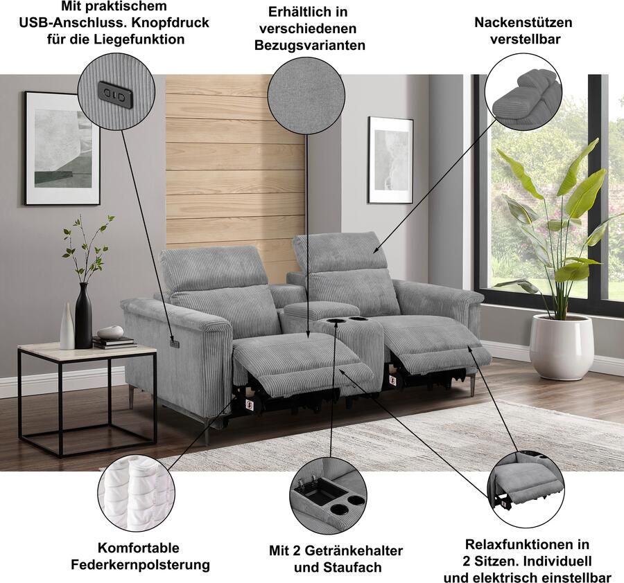 Home affaire 2-zitsbank Lund 2-zits bioscoopbank tv-fauteuil multimedia-sofa USB-A met elektrische of handmatige relaxfunctie bekerhouder en opbergruimte - Foto 2