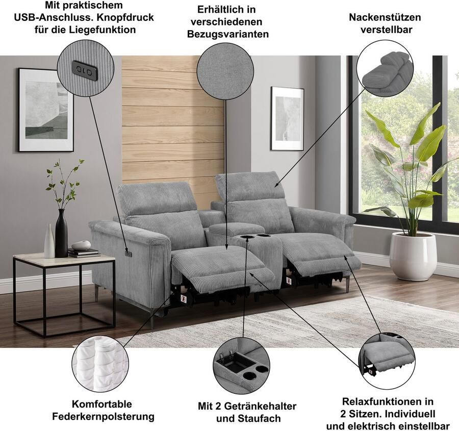 Home affaire 2-zitsbank Lund 2-zits bioscoopbank tv-fauteuil multimedia-sofa USB-A met elektrische of handmatige relaxfunctie bekerhouder en opbergruimte - Foto 1