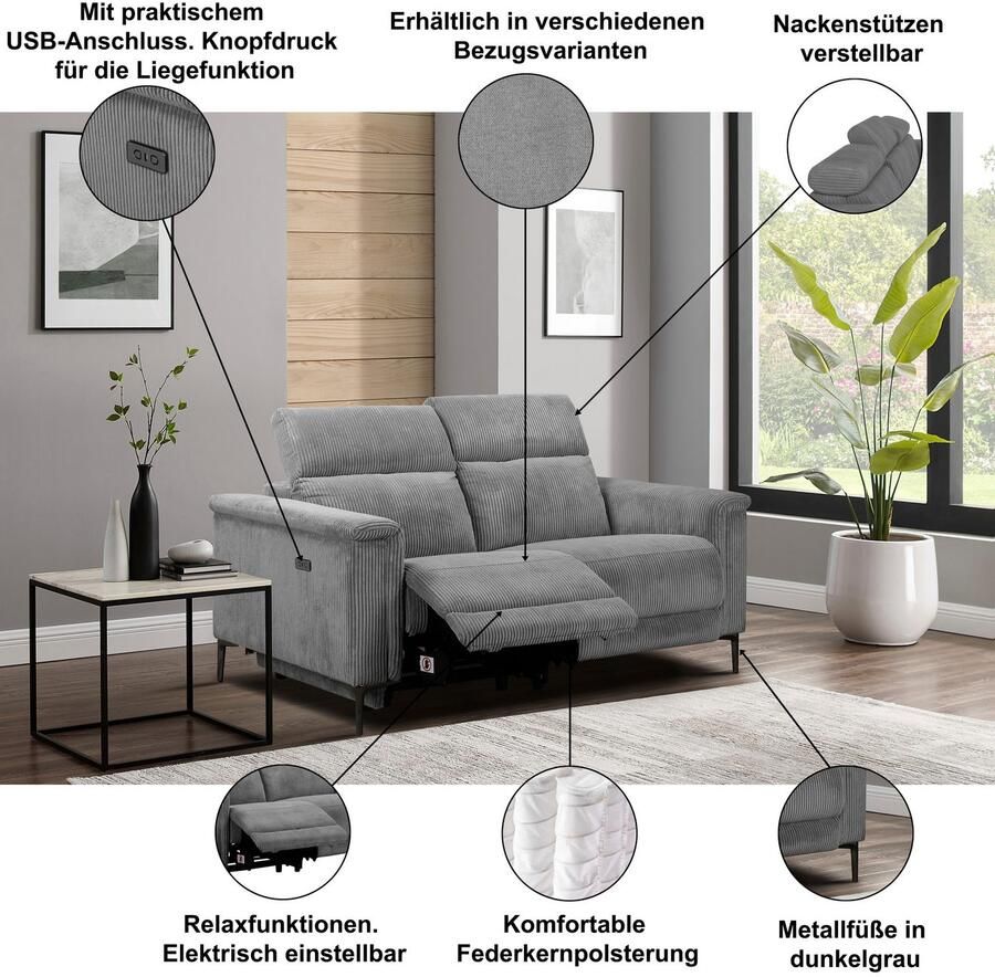 Home affaire 2-zitsbank Lund in Cord met handmatige of elektrische Relaxfunctie USB-C hoofdverstelling breedte 160 cm - Foto 2