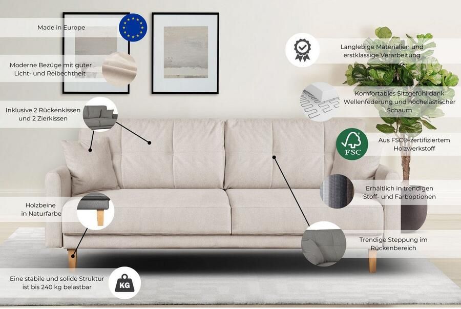 Home affaire 2-zitsbank TRIPLO met golfsysteem afmetingen B D H: 165 100 89 cm Bank met stiksel in het ruggebied incl. rugkussen en sierkussen - Foto 3