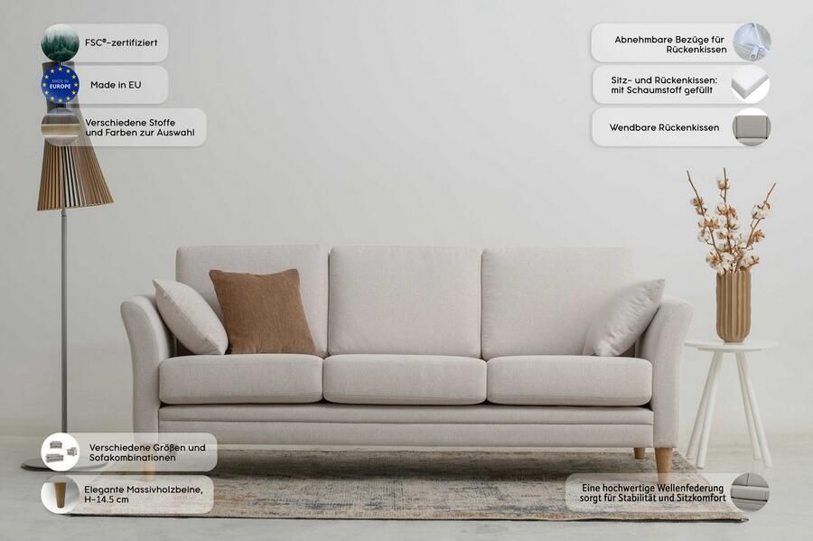 Home affaire 3-zitsbank Arellano breedte 217 cm klassiek ontwerp 2 sierkussens inbegrepen fijn geweven stof - Foto 3