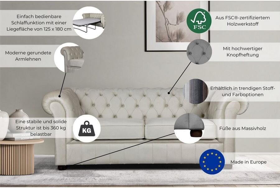 Home affaire 3-zitsbank CHARENTE optionele slaapbank Chesterfield-sofa bedfunctie met edele knoopbevestiging en typische armleuningen b d h 198 89 74 cm - Foto 3