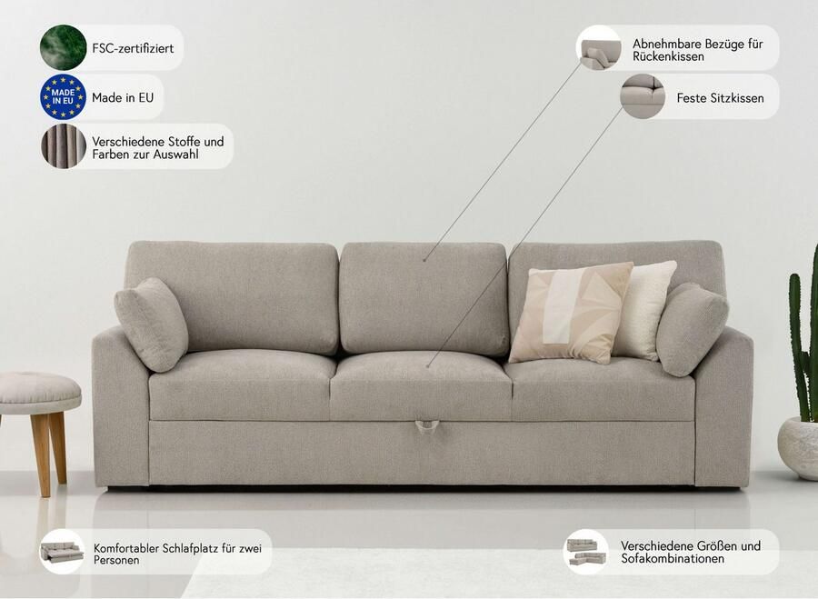 Home affaire 3-zitsbank Citry Breedte 233 cm chenille met bedfunctie ligoppervlak 144x190 cm - Foto 8