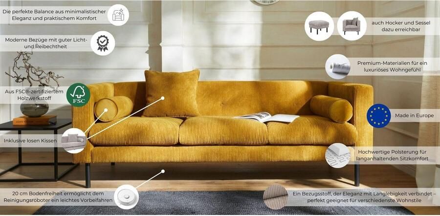 Home affaire 3-zitsbank Lillibeth designbank met golfondersteuning afmetingen B D H: 218 74 83 cm Sierkussen als tweezijdig te gebruiken kussen bekleding fluwelige look of cord - Foto 5