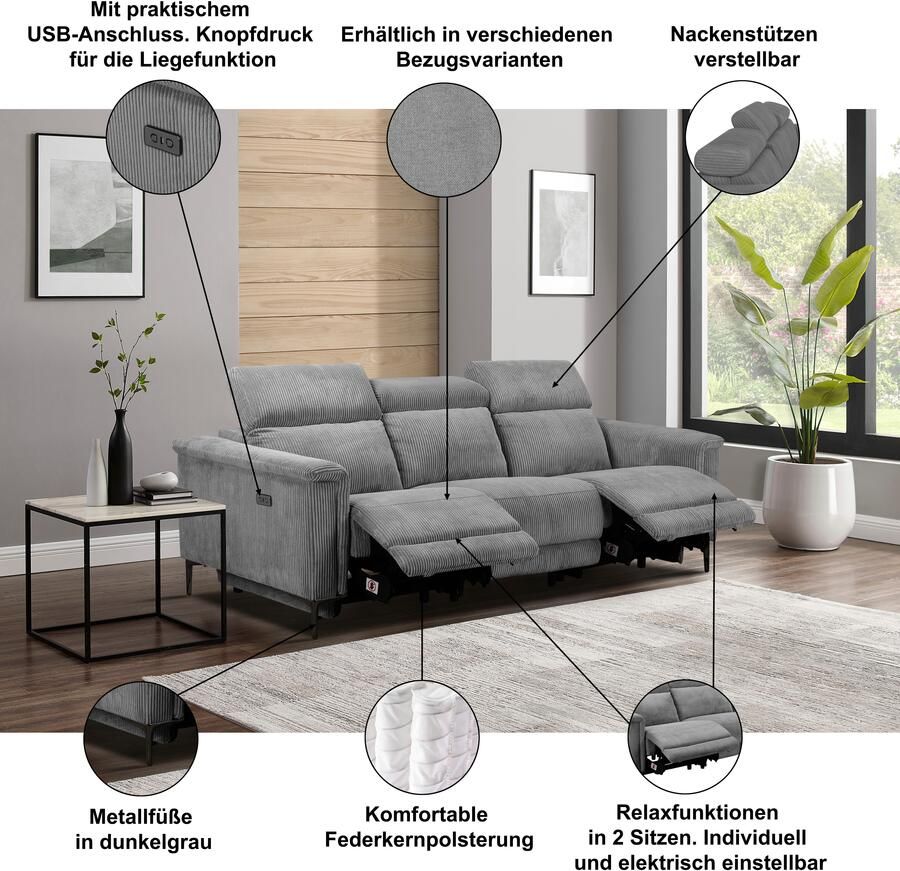 Home affaire 3-zitsbank Lund Cord met handmatige of elektrische relaxfunctie in 2 zitplaatsen - Foto 2