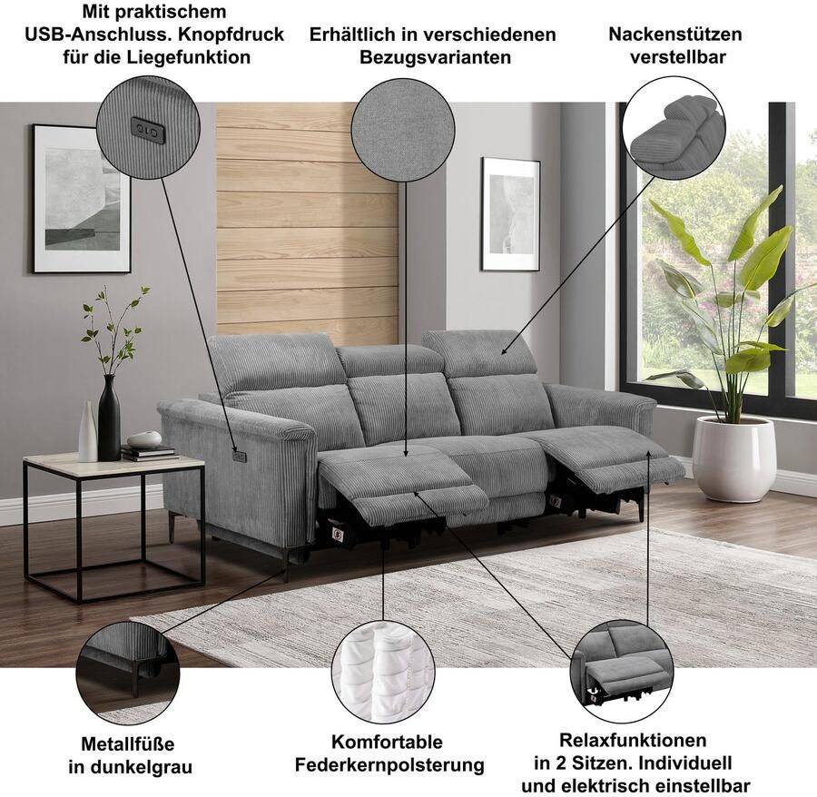 Home affaire 3-zitsbank Lund Cord met handmatige of elektrische relaxfunctie in 2 zitplaatsen - Foto 2
