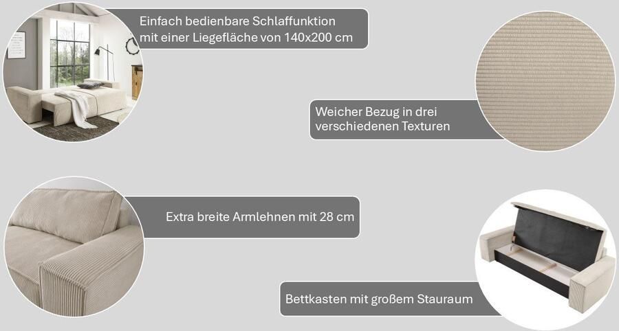 Home affaire 3-zitsbank SHERWOOD slaapbank (257 cm) ribfluweel velours vintage lederlook - Foto 10