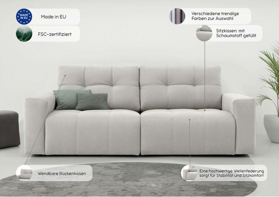 Home affaire 3-zitsbank Turnon lounge-sofa breedte 220 cm Chenille met knoop- en dubbele stiksels elegante uitstraling - Foto 2