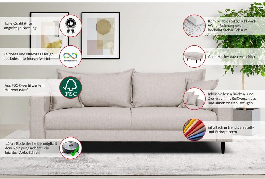 Home affaire 3-zitsbank VEYRAS hoog zitcomfort afmetingen B D H: 212 84 76 cm - Foto 4