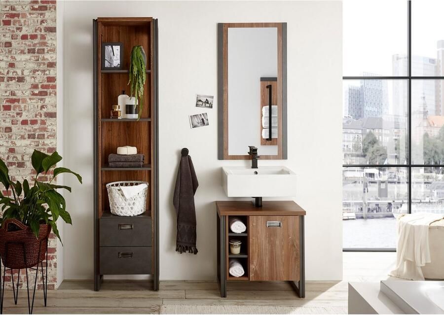 Home affaire Badkamerserie Detroit badkamer in industriële stijl 3-delig badkamer Onderkast rek & spiegel houtkleurig open vakken & opbergruimte (set 3-delig) - Foto 3